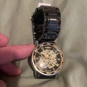 Men's Black and Gold Skeleton Mechanical Watch